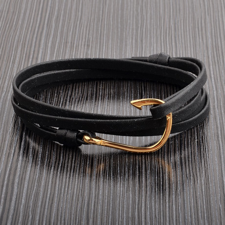 Hook Clasp Leather Wrap Bracelet (Black + Gold)