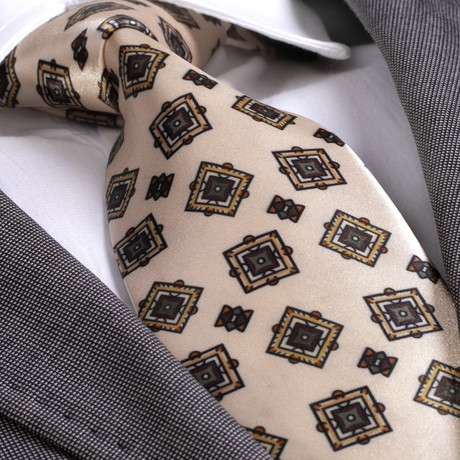 European Exclusive Silk Tie + Gift Box // Beige with Brown Tiles Pattern