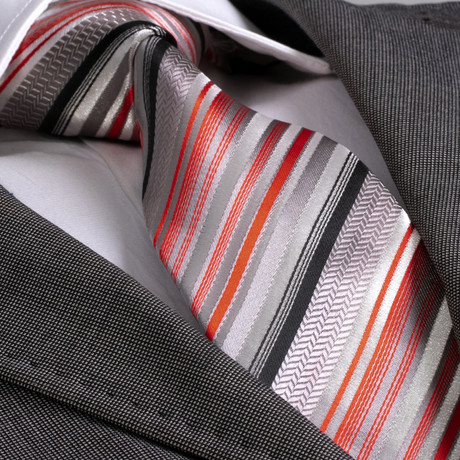 European Exclusive Silk Tie + Gift Box // Gray with Red + Orange + White + Black Striped