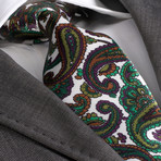 European Exclusive Silk Tie + Gift Box // White with Green + Brown Paisley