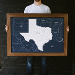 Push Pin Texas Map + Walnut Frame // Navy (100 Pins // White)