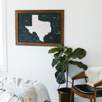 Push Pin Texas Map + Walnut Frame // Navy (100 Pins // White)