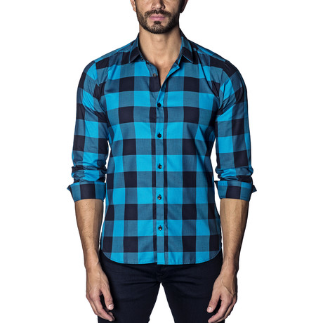 Wise Check Long Sleeve Shirt // Turquoise + Black (XS)