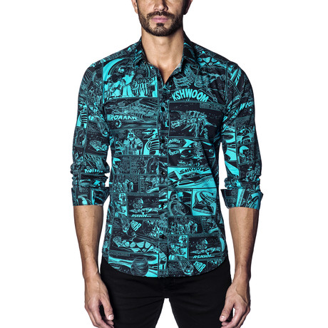 Woven Button-Up // Black + Turquoise Print (XS)