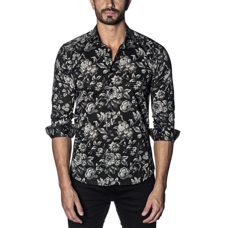 Woven Button-Up // Black + Gray Floral Print (XS)