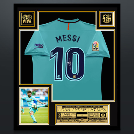 Lionel Messi // Signed Barcelona Away Jersey // Museum Frame (Signed Jersey Only)