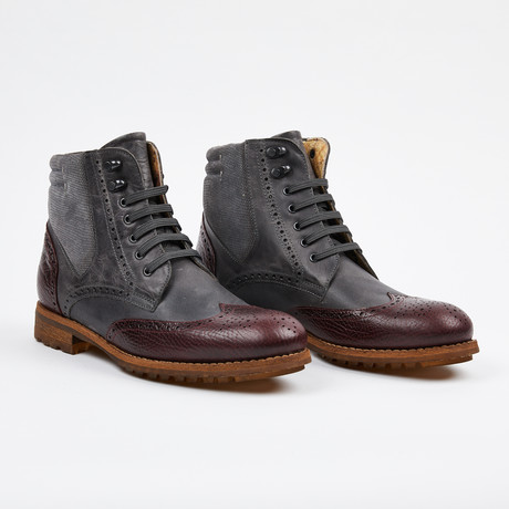 Wing Tip Lace up Boot // Burgundy + Gray (US: 9.5)