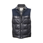 Benassi Blue Leather Two Tone Puffer Vest // Blue + Gray (L)