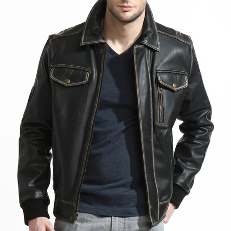 Distressed Leather Bomber // Black (XS)