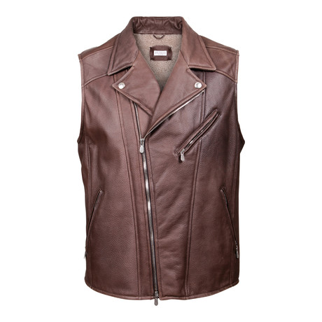 Zedd Fur Lined Leather Moto Vest // Brown (M)
