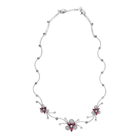 Stefan Hafner Flower 18k White Gold Diamond Ruby + Sapphire Necklace // Necklace Length: 16"