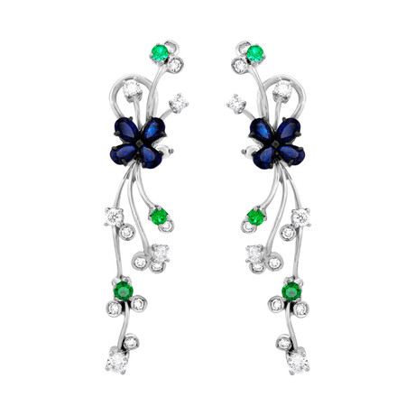 Stefan Hafner Flower 18k White Gold Diamond Sapphire + Emerald Earrings // 19621EA203-1478