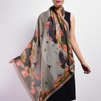 Lotus Painting Wool + Silk Blend Scarf // Gray