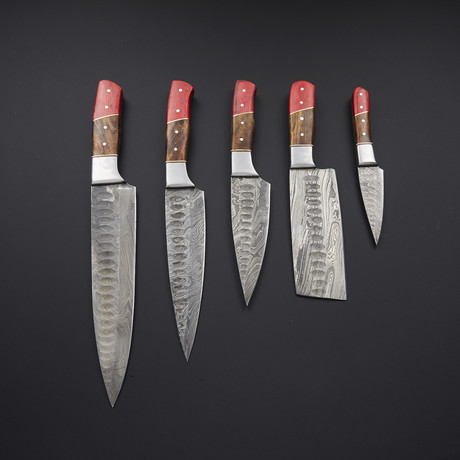 Pro Chef's Knives // Red + Natural Wood // Set of 5