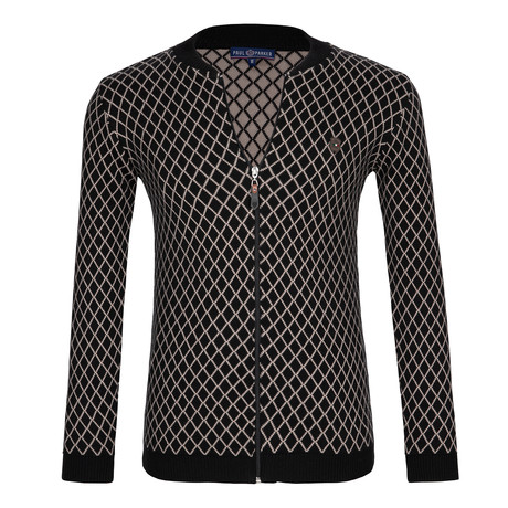 Zippered Pattern Jersey Sweater // Black + Tan (2XL)