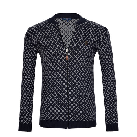 Zippered Pattern Jersey Sweater // Navy + Gray (S)