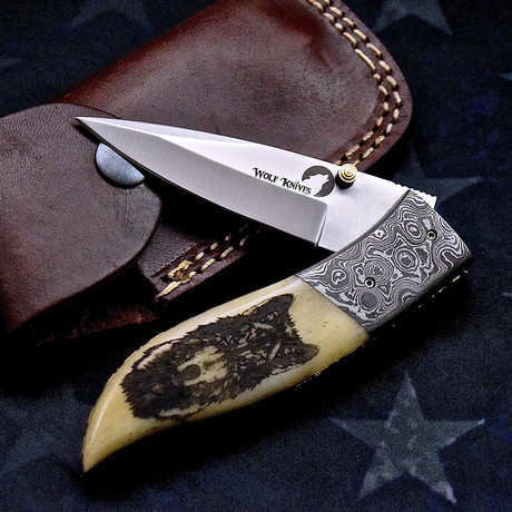 Scrimshaw Folding Knife // Wolf