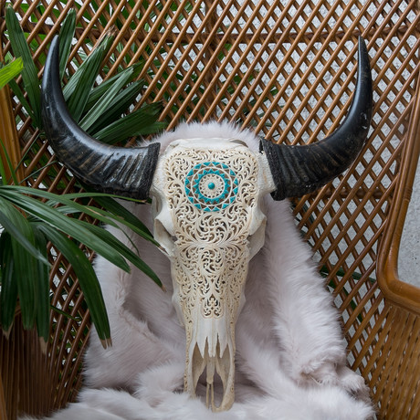Hand Carved Buffalo Skull // Turquoise Sun 1