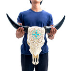 Hand Carved Cow Skull // XL Horns + Turquoise Small Flower