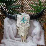 Hand Carved Cow Skull // XL Horns + Turquoise Small Flower