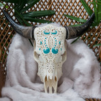 Hand Carved Cow Skull // XL Horns + Turquoise Wavy Tribal 1