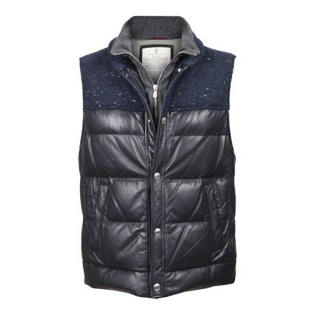 Benassi Blue Leather Two Tone Puffer Vest // Blue + Gray (XS)