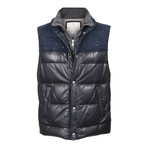 Benassi Blue Leather Two Tone Puffer Vest // Blue + Gray (S)