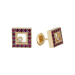 Vintage Chopard 18k Yellow Gold Ruby + Diamond Square Earrings