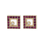 Vintage Chopard 18k Yellow Gold Ruby + Diamond Square Earrings