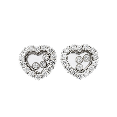 Vintage Chopard 18k White Gold Happy Diamond Heart Earrings