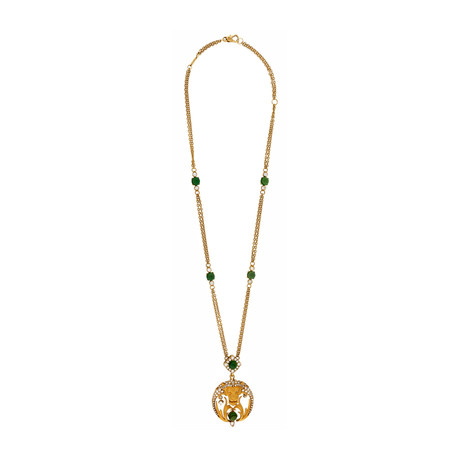 Vintage Magerit 18k Yellow Gold Babylon Lion Short Green Tourmaline + Diamond Necklace // Chain: 19"