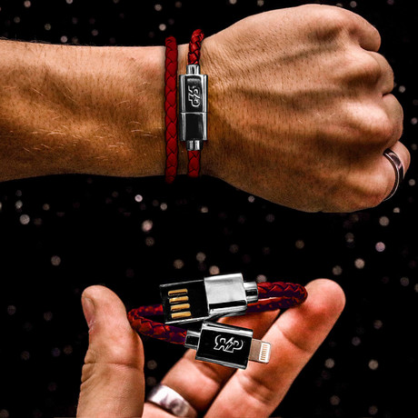 Charging Cable Bracelet Double Wrap // Red + Silver (15" iPhone)