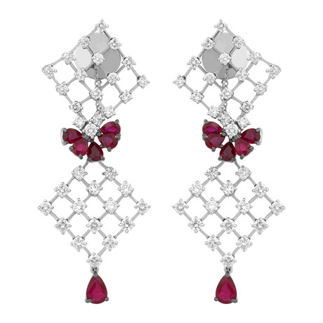Stefan Hafner 18k White Gold Diamond + Ruby Earrings // 3.02 ct. Diamond