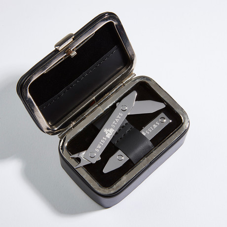 Sterling Silver Adjustable Collar Stays + Leather Box