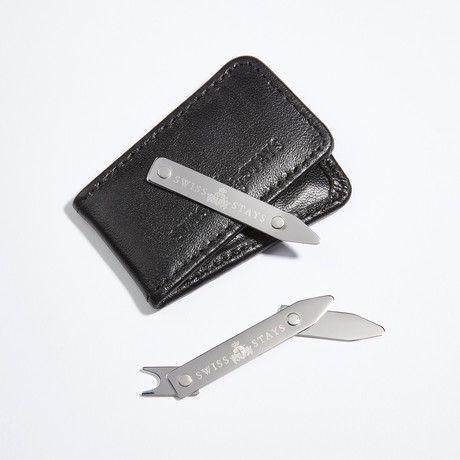 Sterling Silver Adjustable Collar Stays + Leather Pouch
