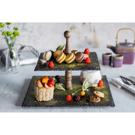Slate Square Cake Stand + Wooden Handle // 2 Layers