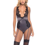 Arabella // Eyelash Lace Plunge Neckline Teddy + Pleated Satin Waist Satin + Lace Sides + Ruched + Removable Garters (S)