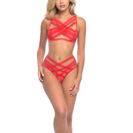 Millie // 2 Pc Decorative Crossing Elastic & Mesh Soft Cup Bra & Ruched Back Panty // OS // Red