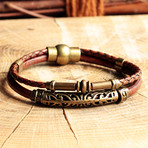 Handmade Leather + Antique Yellow Coating Bracelet // Engraved Design