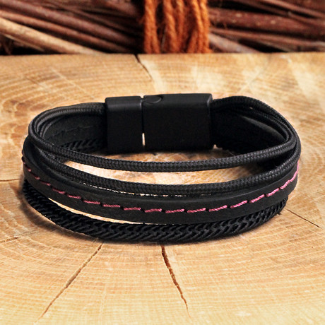 Leather Bracelet // Matte Black + Pink