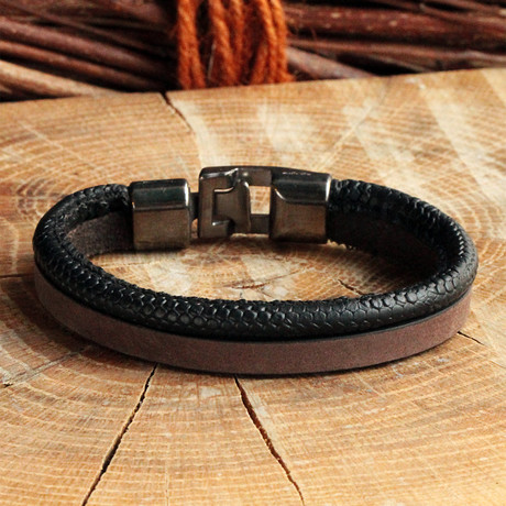 Two Strap Leather Bracelet // Matte Black + Brown