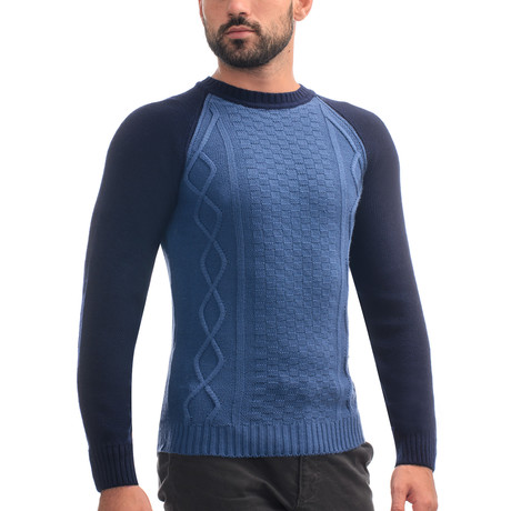 Wool Raglan Sweater + Geometric Design // Blue (XL)