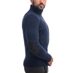 Wool Geometric Polo Neck + Elbow Patches // Navy (L)