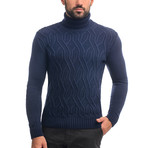 Wool Geometric Polo Neck + Elbow Patches // Navy (L)