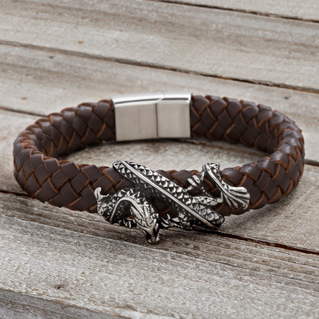 Dragon + Leather Braid Bracelet // Brown