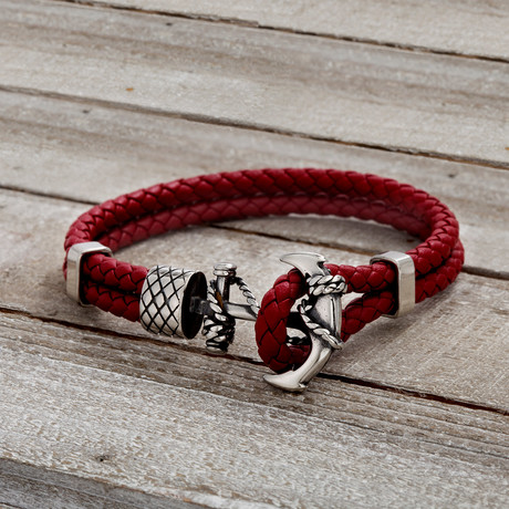 Anchor + Double Braided Leather Bracelet // Red