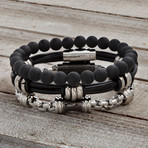 Leather Strap + Chain + Onyx Beaded Bracelet // Black // Set of 3