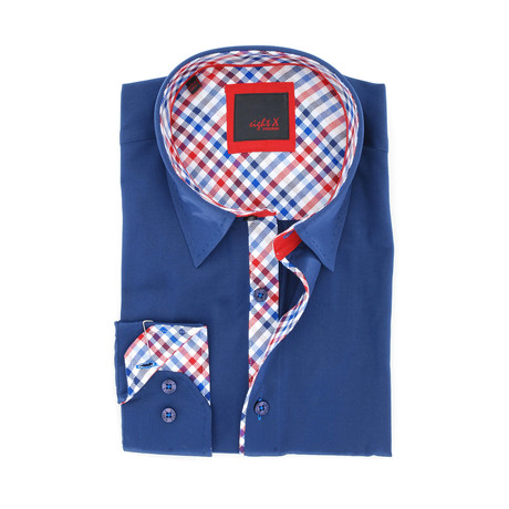 Solid Button-Up + Plaid Trim // Navy (S)