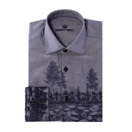Forest Print Long-Sleeve Button-Up // Navy Blue (XS)