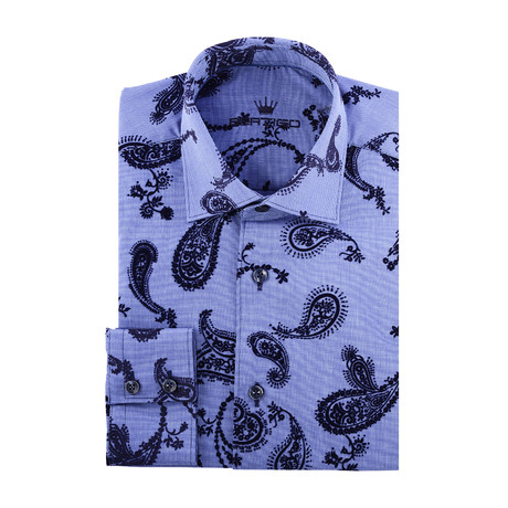 Paisley Flock Long-Sleeve Button-Up // Navy Blue (XS)